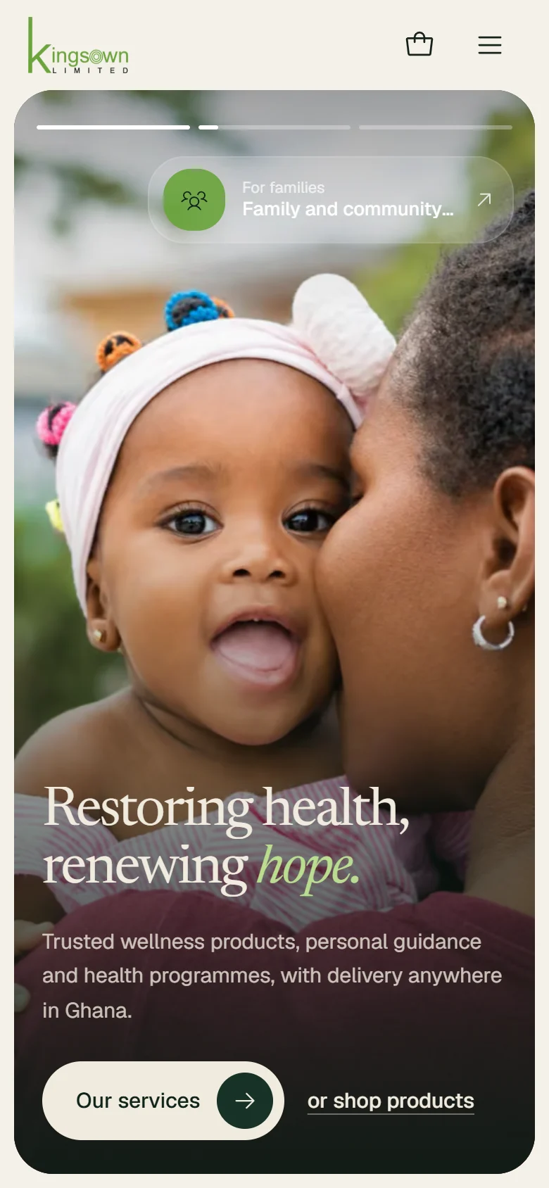 TheKingsOwn Wellness Centre home page on a phone