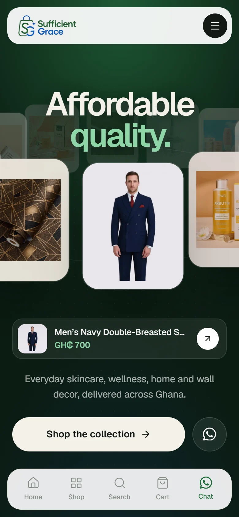Sufficient Grace Shop home page on a phone